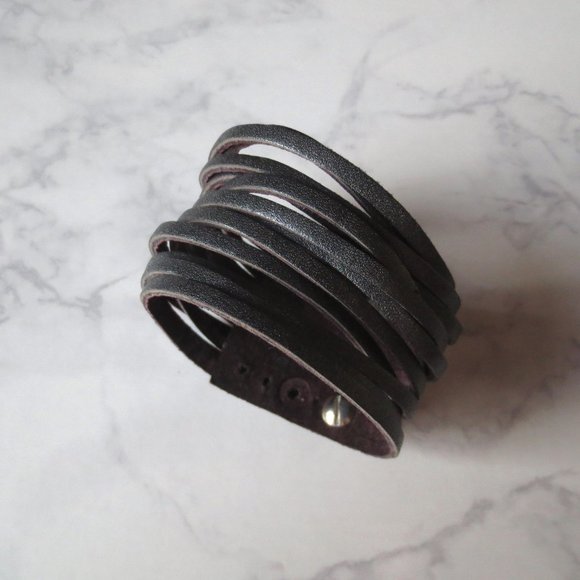 Dark Silver Metallic Adjustable Multi Strand Leather Cuff - Picture 2 of 4